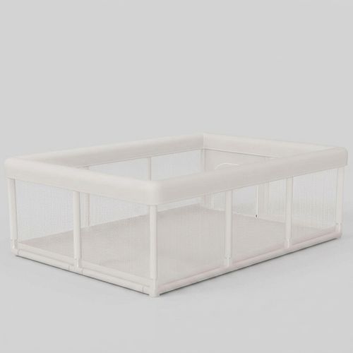 74 by 50 inch baby playpen with carry case beside it for storage