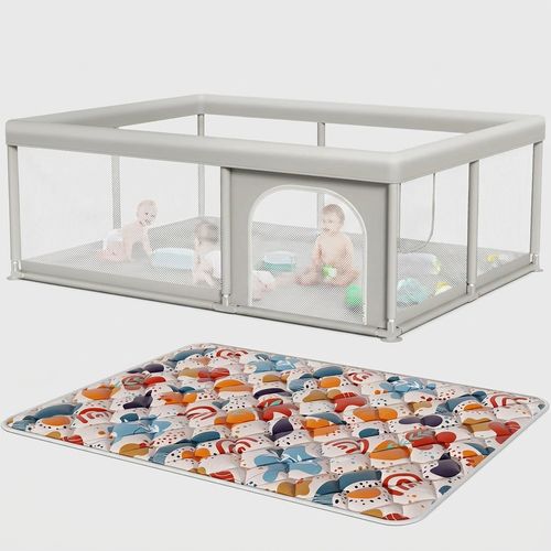 65 by 50 inch baby playpen with mat fitted into a living-room corner