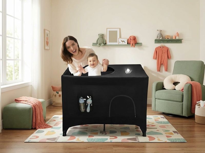 Pack N Play blackout cover stretched over a portable travel crib in a hotel room