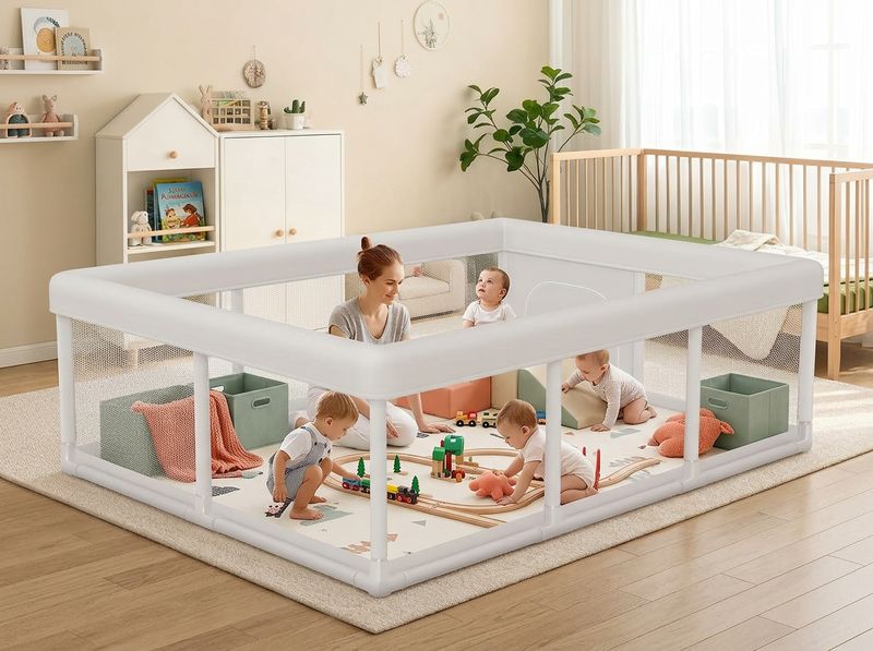 Wide 74 by 50 baby playpen anchored on hardwood floor with multiple suction cups