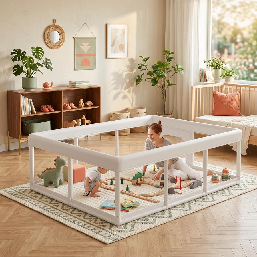 74 by 50 inch baby playpen with toys inside on hardwood floor