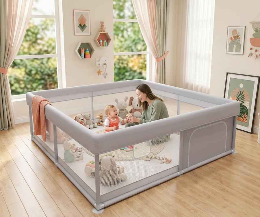 50 by 50 inch baby playpen in a sunlit living room