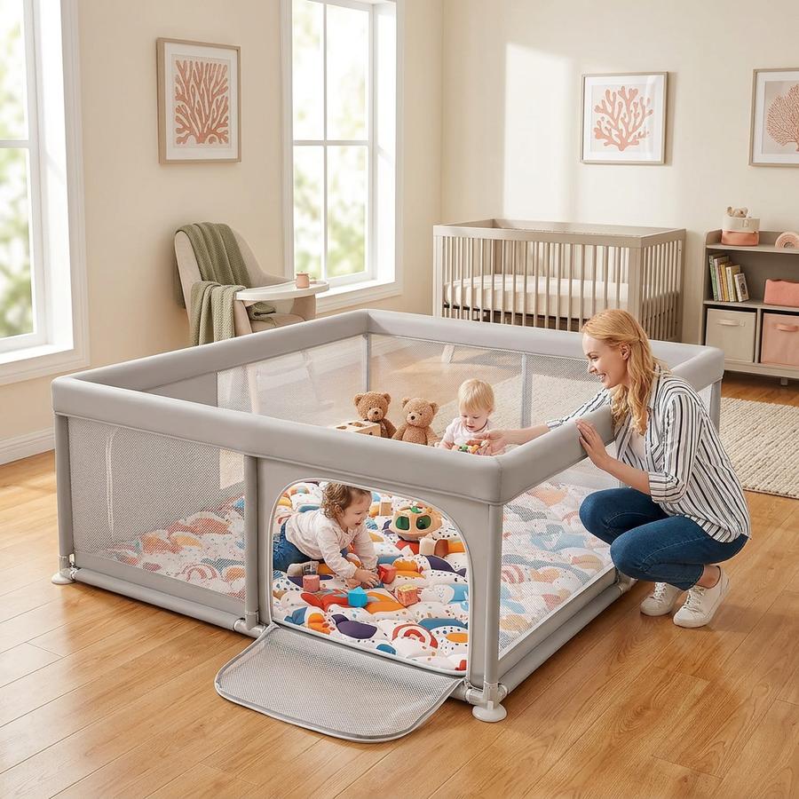 65 by 50 inch baby playpen in a nursery with included mat
