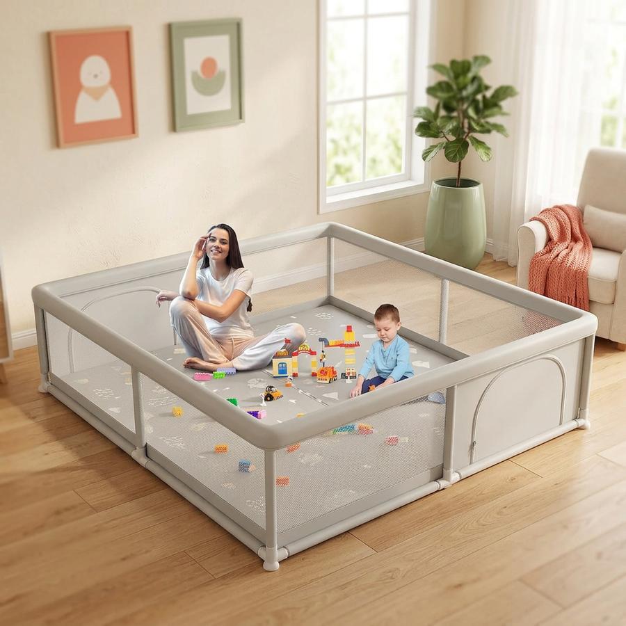 79 by 79 extra-large playpen floor with parent and baby tummy time