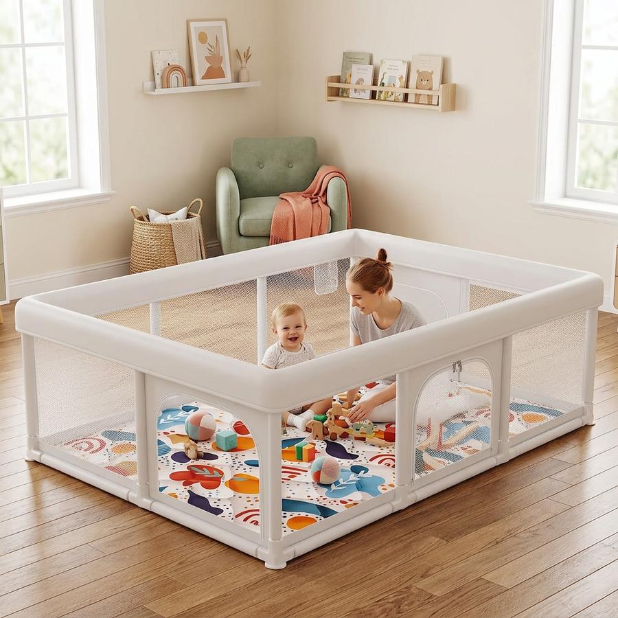 74 by 50 family-size playpen with included mat and play toys
