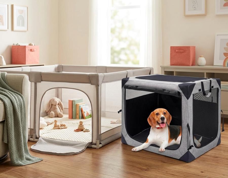 36 inch soft dog crate folded with a sleeping puppy inside